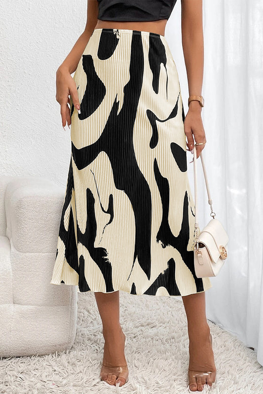 Black Colorblock Abstract Print Pleated Midi Skirt